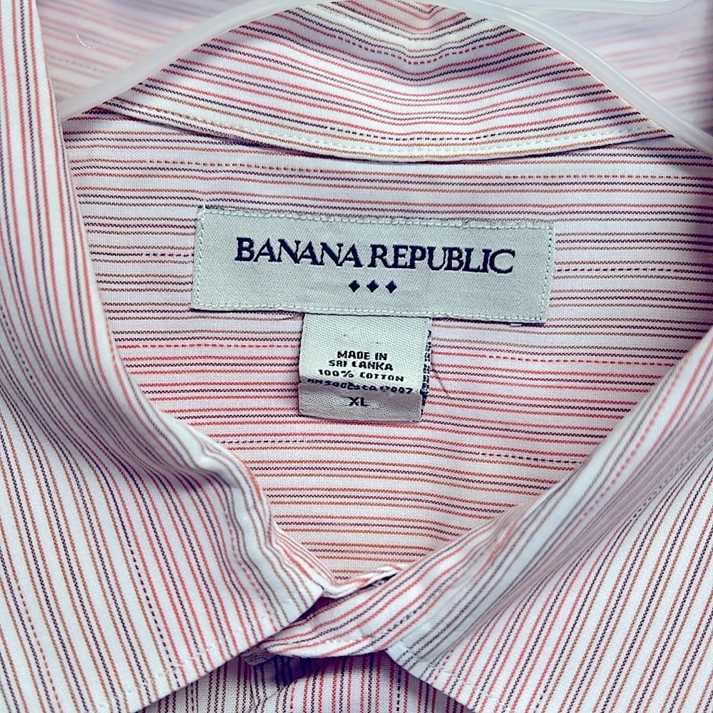 Banana Republic White Pink Purple Pinstriped Pocket Short Sleeve Shirt Size XL